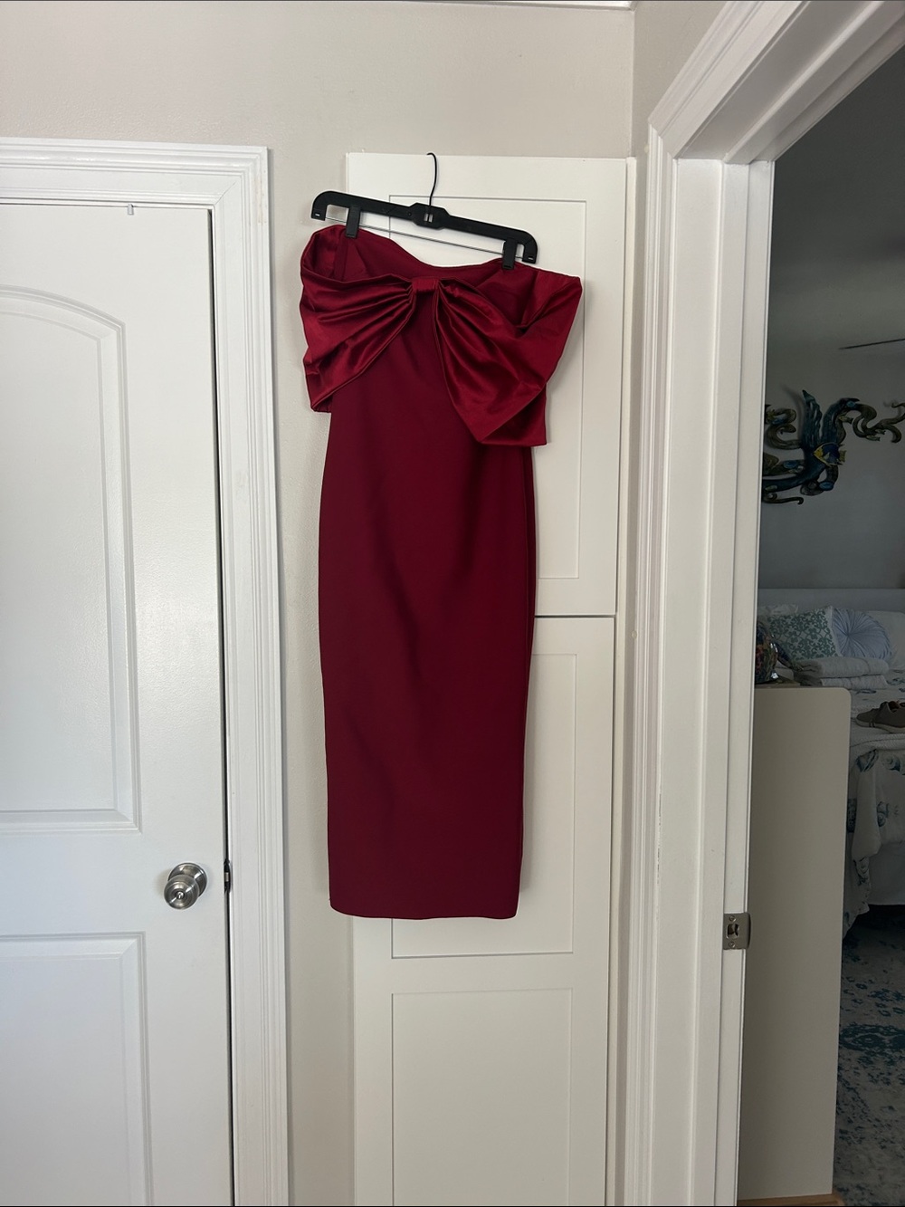 Fashion Nova Strapless Satin Bow Midi Dress in Deep Wine